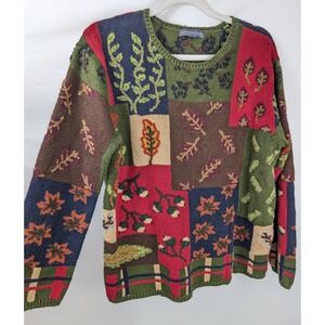 Vintage 90s Patchwork 3D Embroidered Sweater Size L Leaf Acorn Plaid Cottagecore